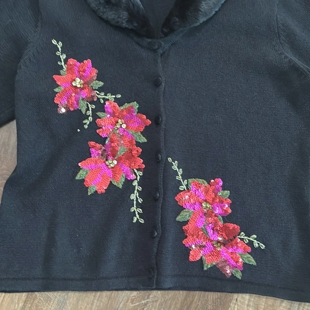 Tiara International Christmas Collection Poinsettia Blk Cardigan Sequin Beads L